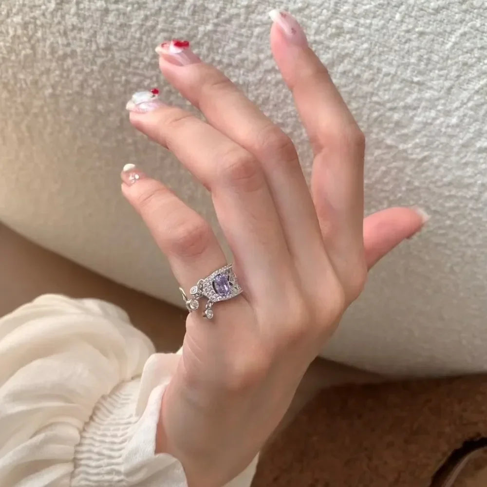 Light luxury exquisite silver 925 diamond amethyst rings for women unique fashion retro tassel purple tail ring wedding jewelry