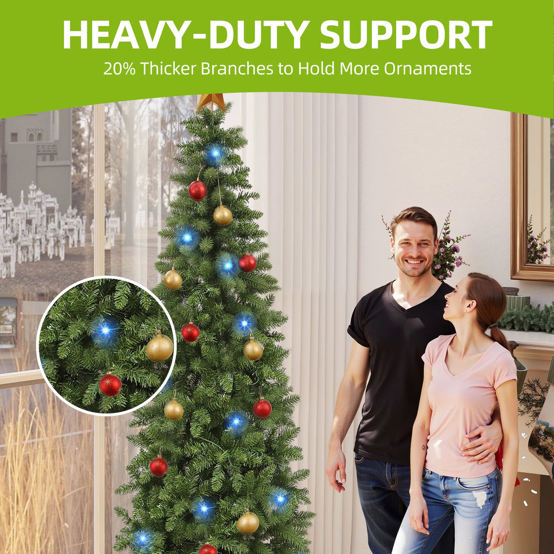 Balconera 6ft Pre-Lit Pencil Christmas Tree - Slim Fraser Fir with 700 Tips & 200 Lights for Home/Office/Party, Green