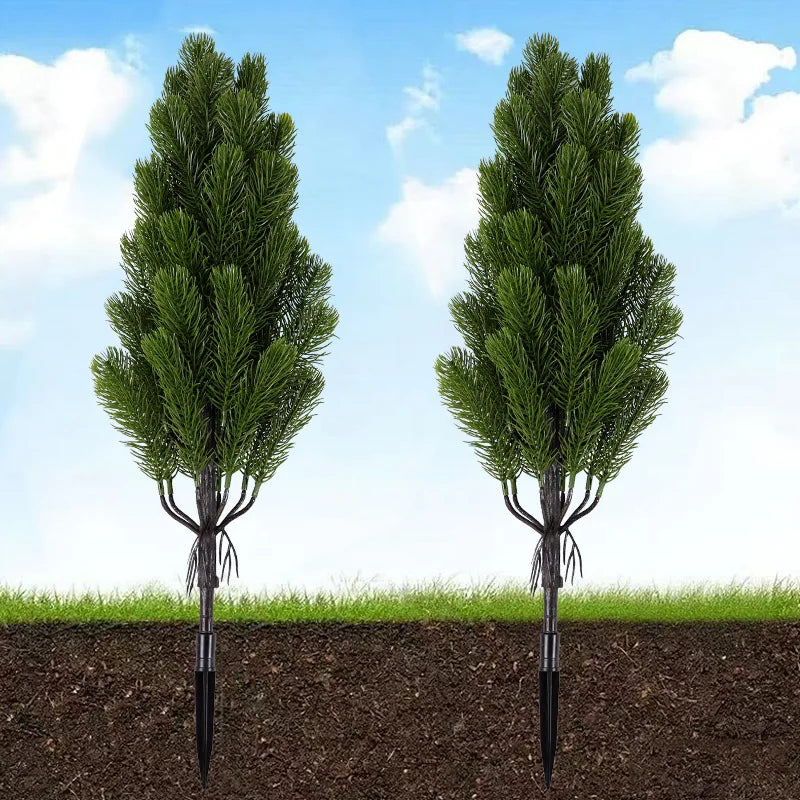 2pcs Artificial Pine Needle Christmas Trees -  Indoor/Outdoor Greenery with Sturdy Black Pointed Base,  Mini Holiday Decor