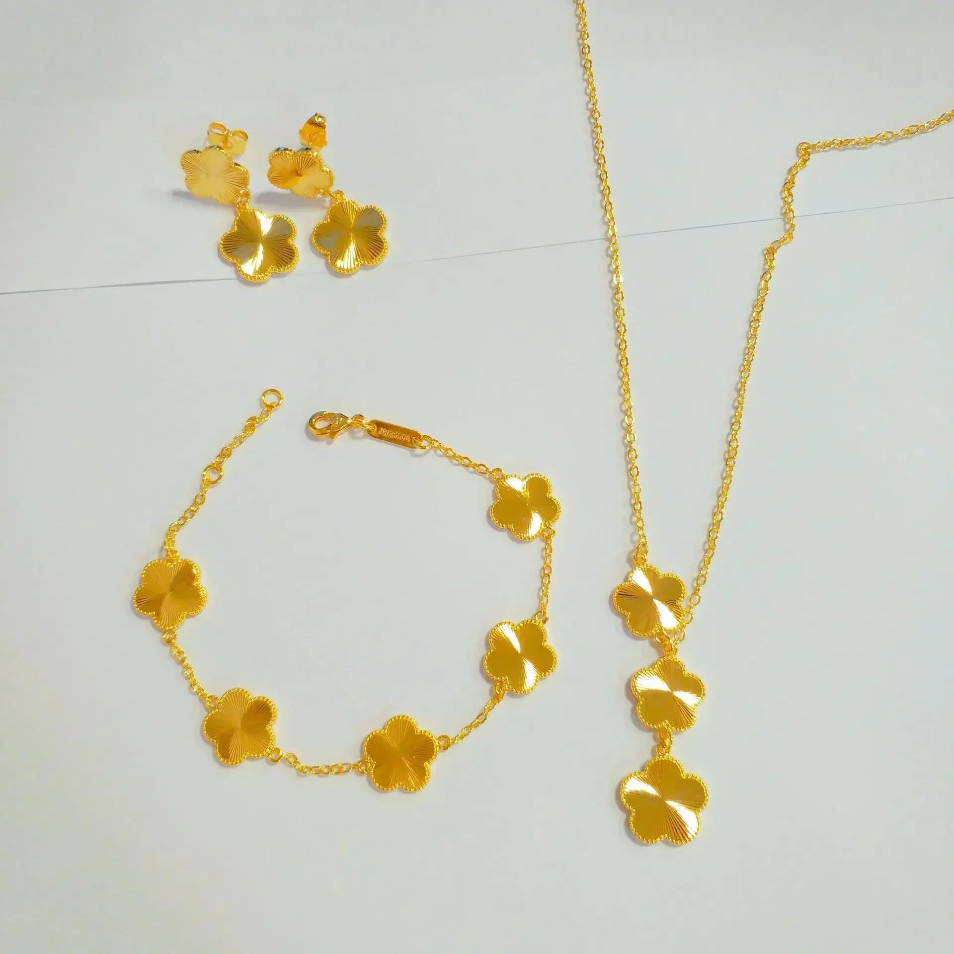 Delicacy 9999 24K Solid Gold Seasonal Necklace with Matching Bracelet and Stud Earrings Set for Women