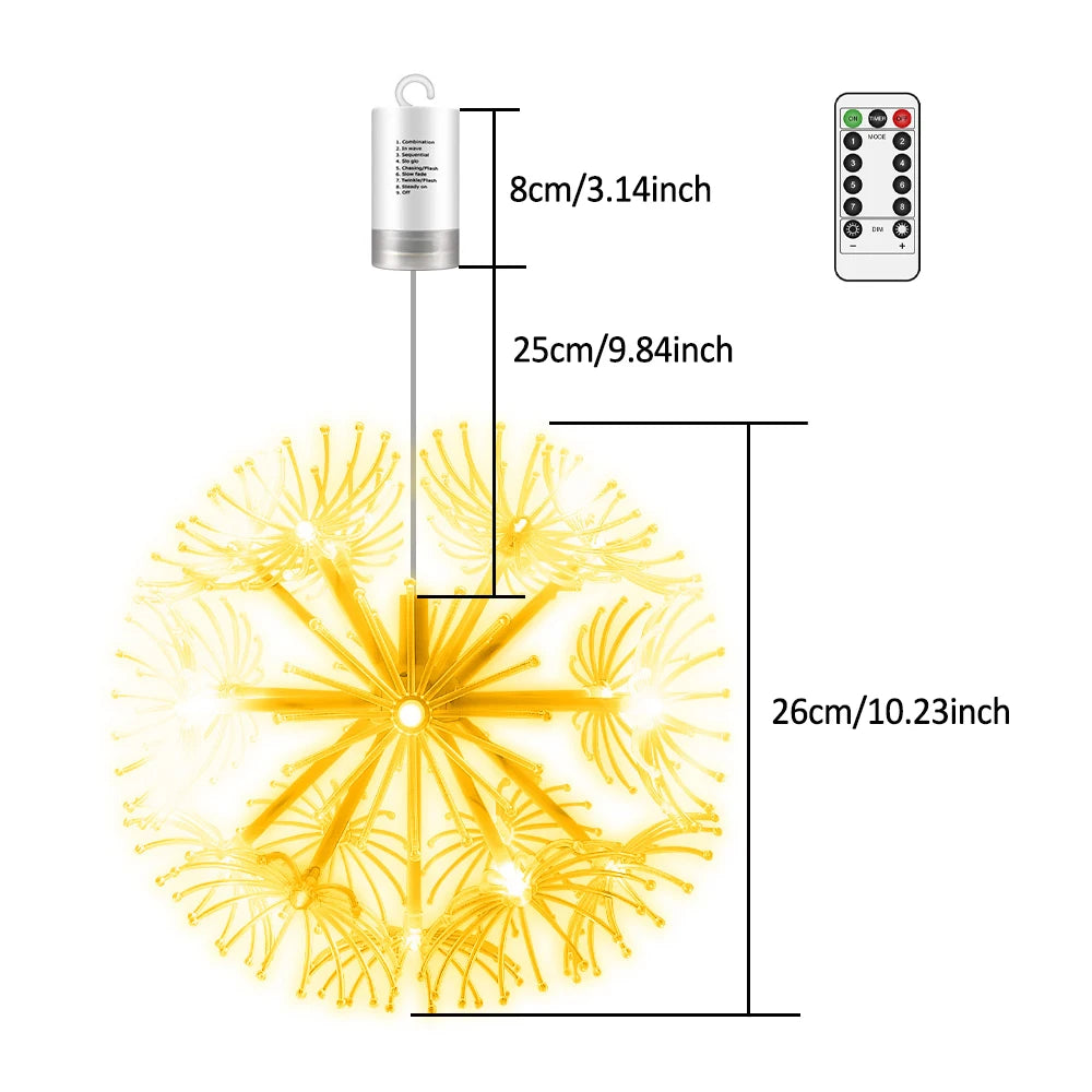 Dandelion Firework Lights 8 Modes 19LED Fairy Starburst Light with Remote Outdoor Decorations for Home, Party, Cafe, Wedding
