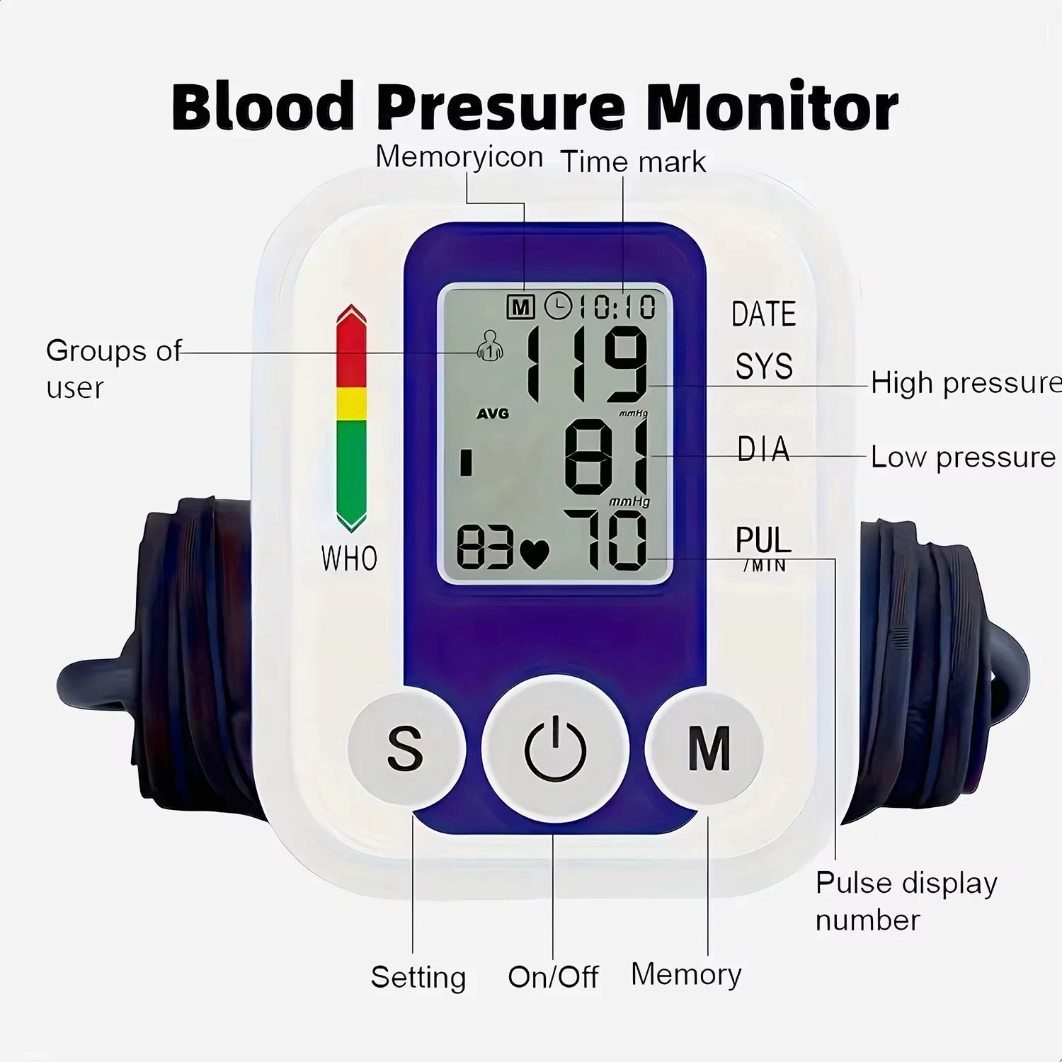 Tensiometer Heart Rate Pulse Meter BP Monitor Healthy Digital Arm Blood Pressure Meter Cuff Medical Automatic Pressure Tonometer