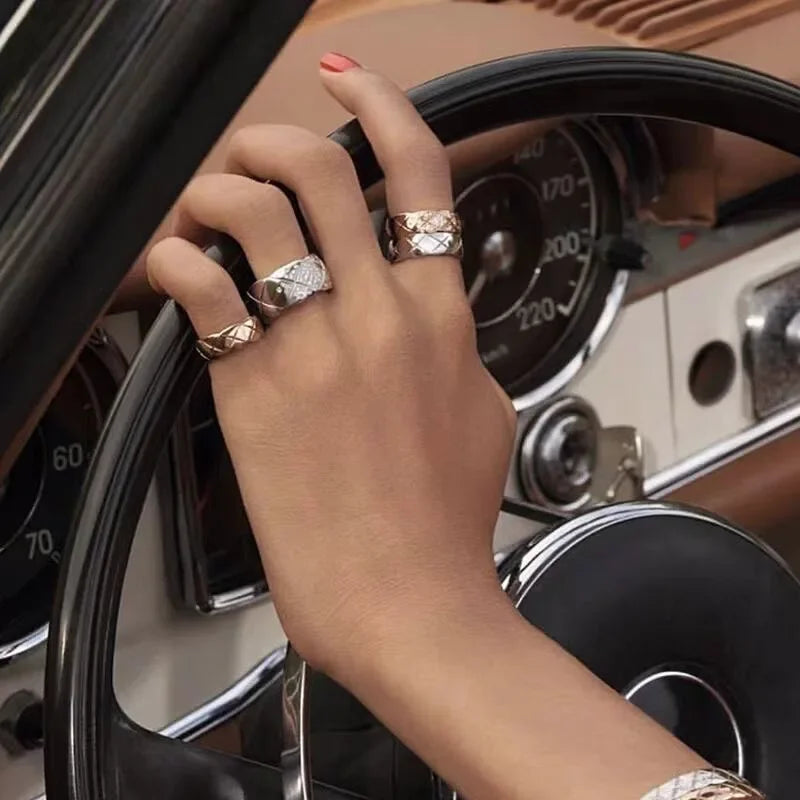 Fashionable Diamond Embedded Heavy Work Polished Wide Version Rhombus Pattern Ring Couple Jewelry Cross-Border Accessories