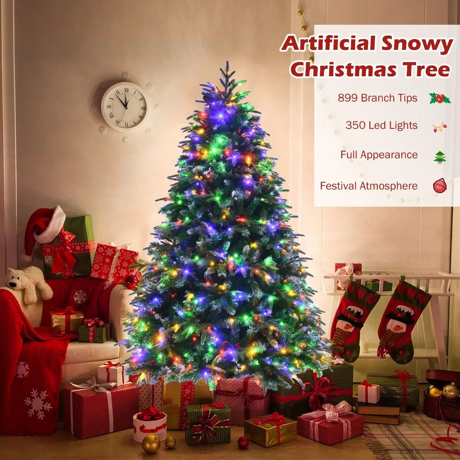 DORTALA 6FT Pre-Lit Artificial Christmas Tree Snowy Xmas Tree 350 LED 11 Lighting Modes