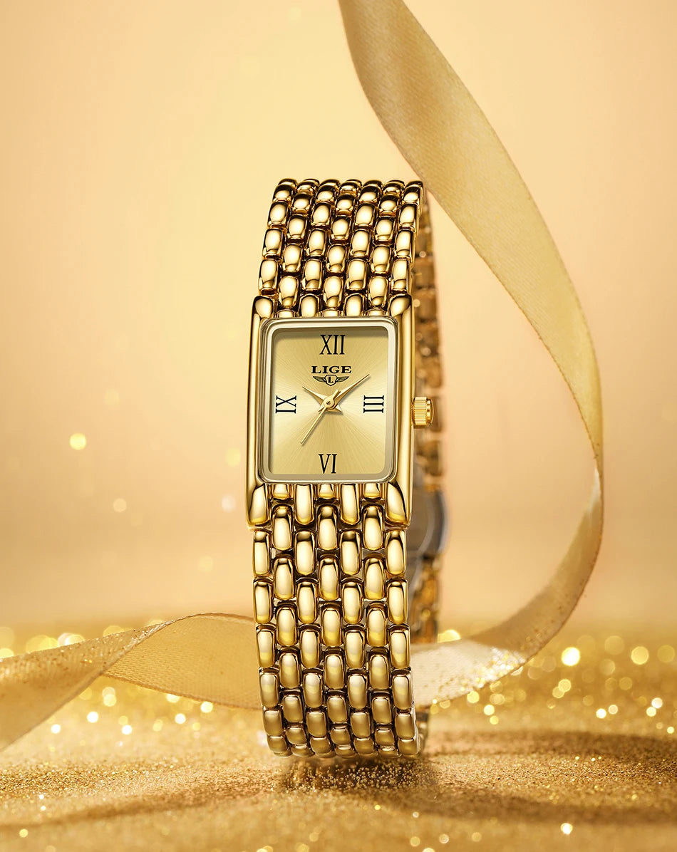LIGE 2025 Fashion New Gold Women's Watch Luxury Quartz Watch Stainless Steel Bracelet Retro 30M Waterproof Watches Women reloj
