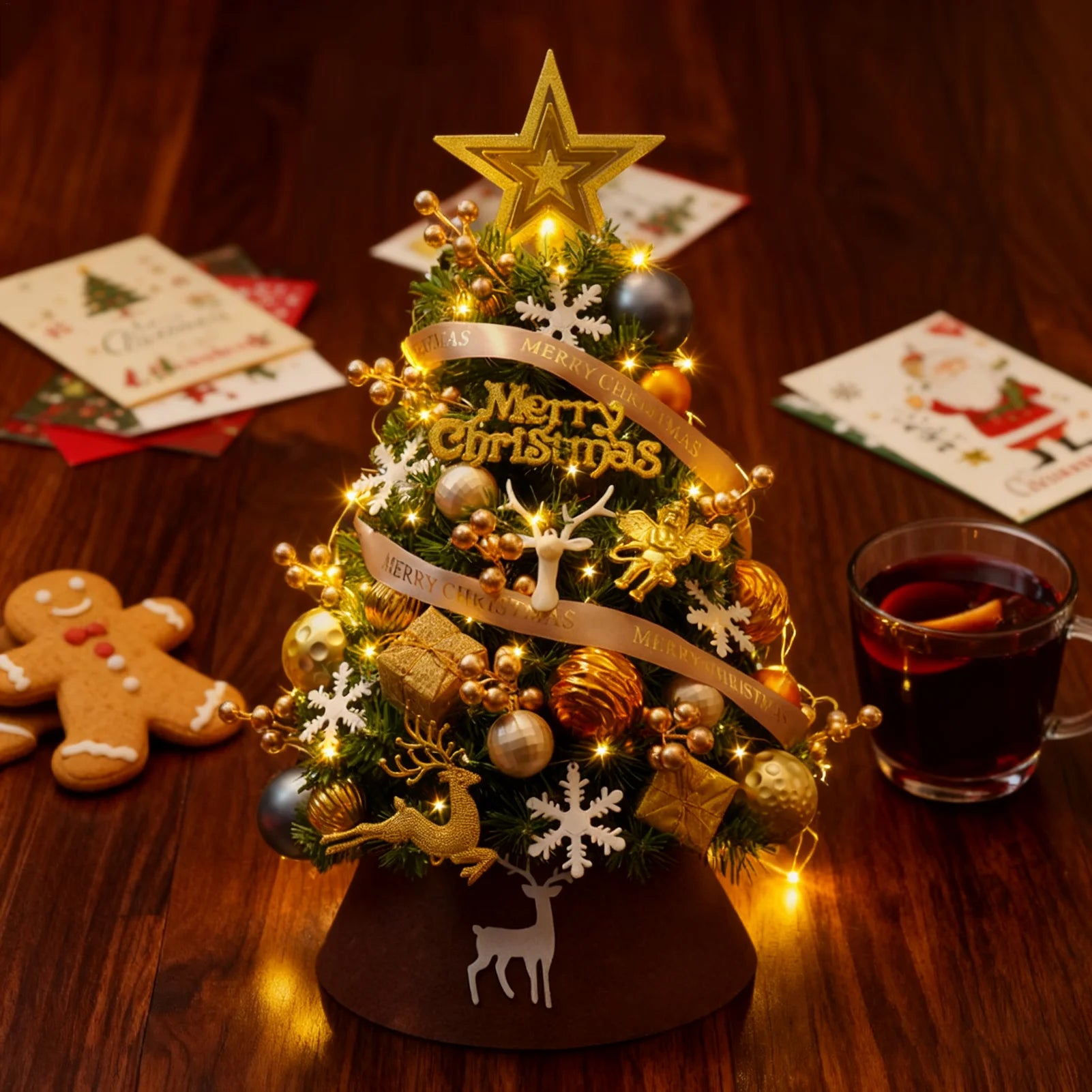 Desktop Mini Christmas Tree Golden Red Ball Flocking Tree With Led Lights Home Ornaments Christmas Decorations Holiday Festive