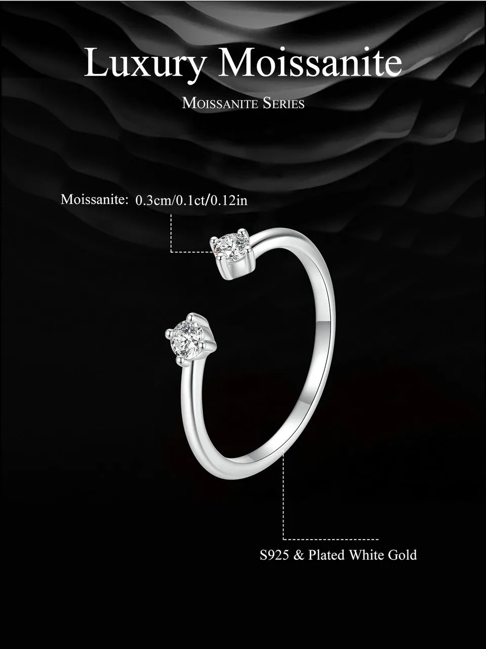 BAMOER Moissanite White Gold Plated Adjustable Ring 925 Sterling Silver Exquisite Open Ring for Women Fine Jewelry Gift