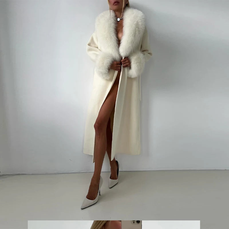 Luxurious Women's Overcoat Faux Full Sleeve Double Breasted Belt Lace Up Female Black Coats 2025 Autumn Winter Chic Lady Outwear