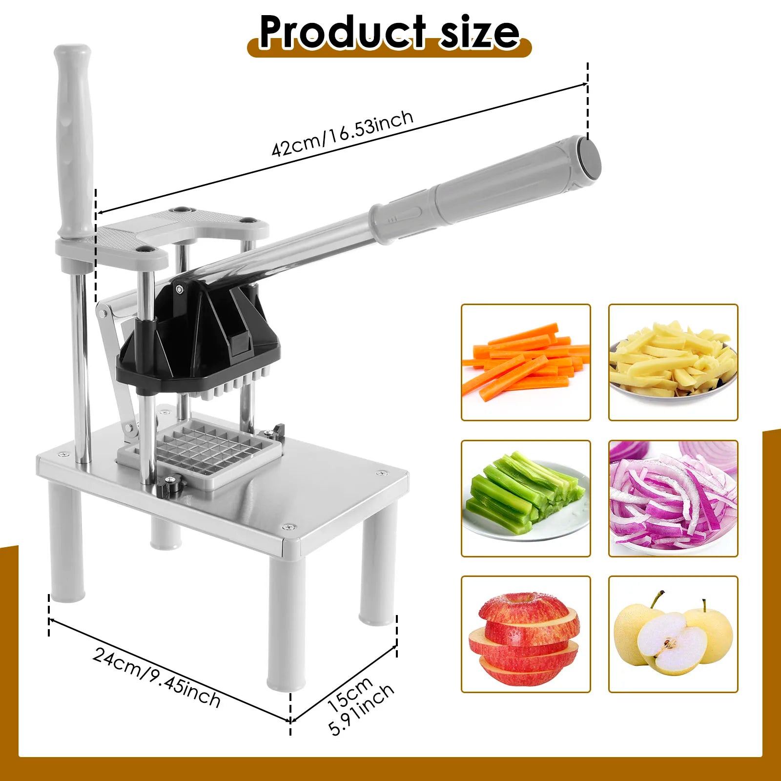 Stainless Steel French Fry Cutter Commercial Vegetable Fruit Chopper Manual Food Dicer with 4 Replacement Blades Kitchen Gadgets