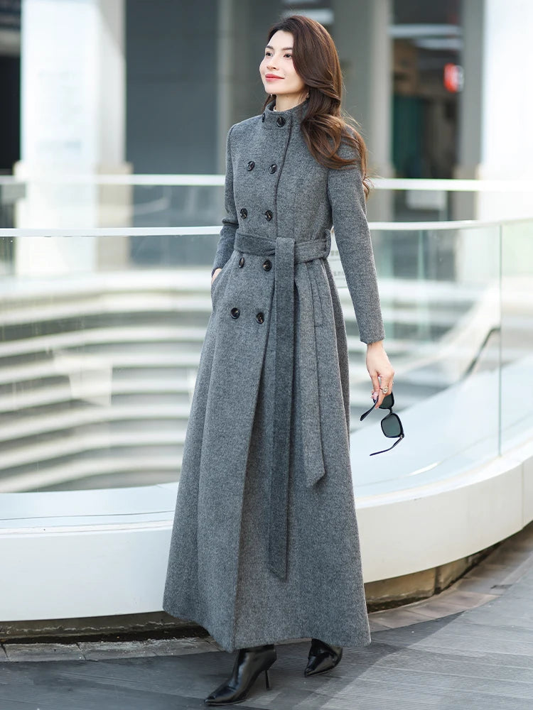 Gray Stand Collar Thickened Woolen Coat Winter Fashion Slimming Long Outerwear for Daily Wear Warm And Stylish New Arrival