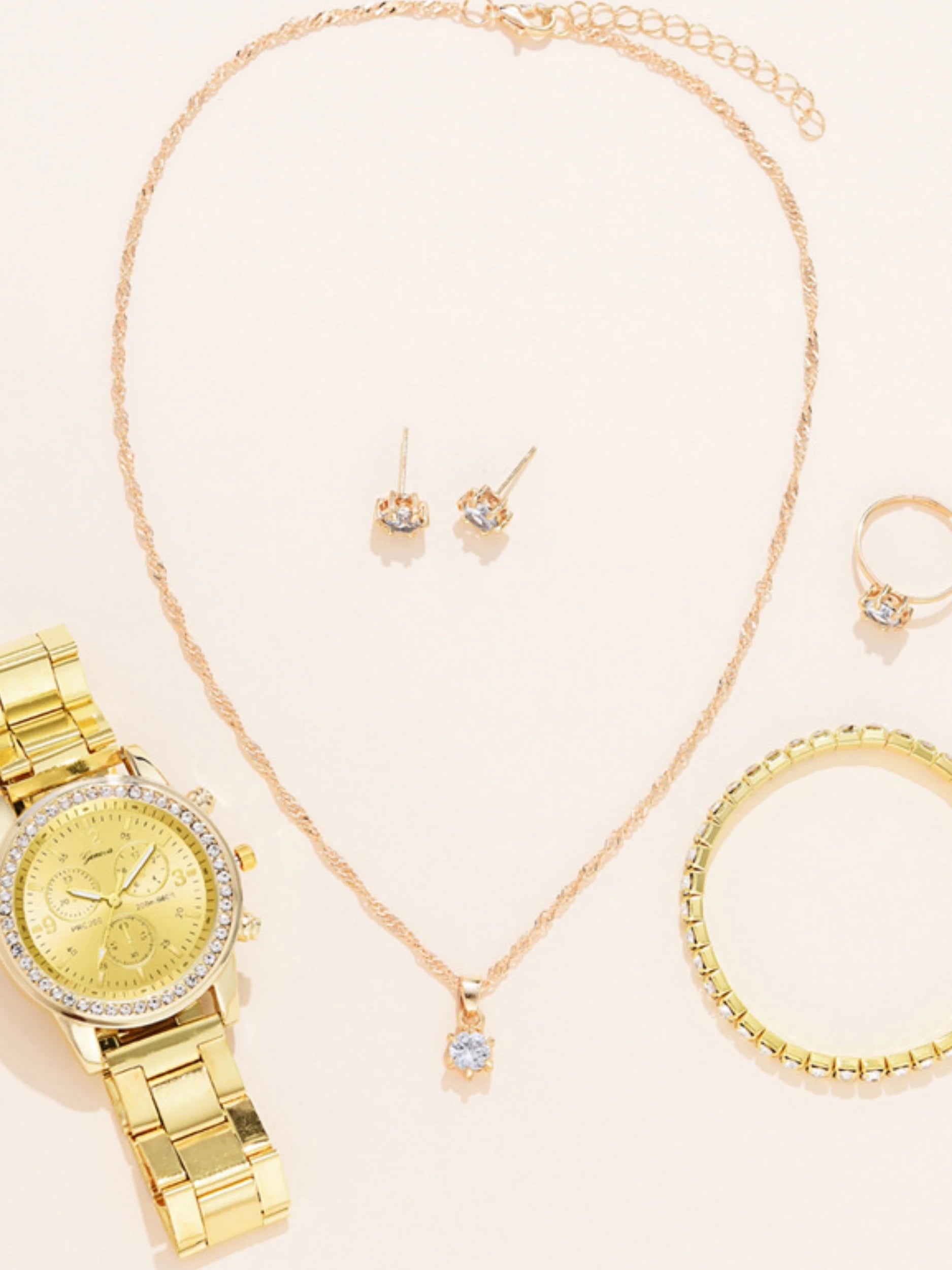 6 Piece Women's 3 - Eye Quartz Diamond Watch Set Bracelet Ring Earrings Necklace Gift Fashion Accessory