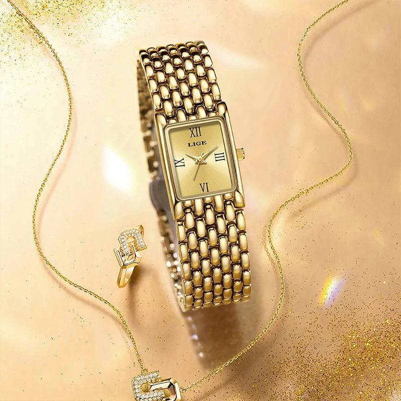 LIGE 2025 Fashion New Gold Women's Watch Luxury Quartz Watch Stainless Steel Bracelet Retro 30M Waterproof Watches Women reloj