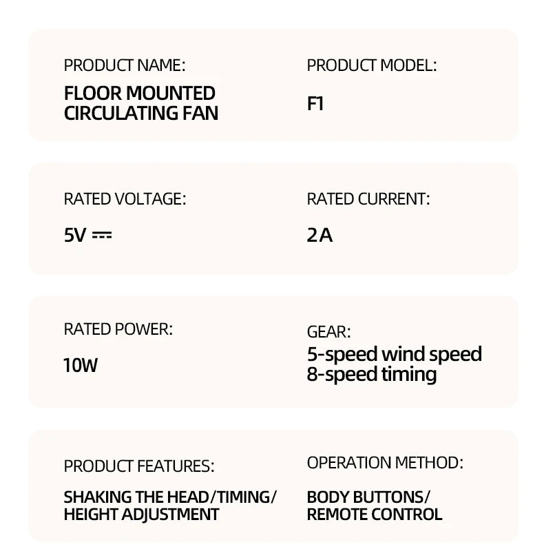 Rechargeable Oscillating Stand Fan 5 Speeds Adjustable Height USB Portable Air Circulator for Bedroom Office Living Room
