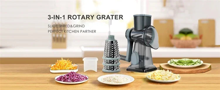 2025 3-in-1 Rotary Cheese Grater Multifunctional Manual Veg Slicer Nut Grinder Kitchen Essential Tool