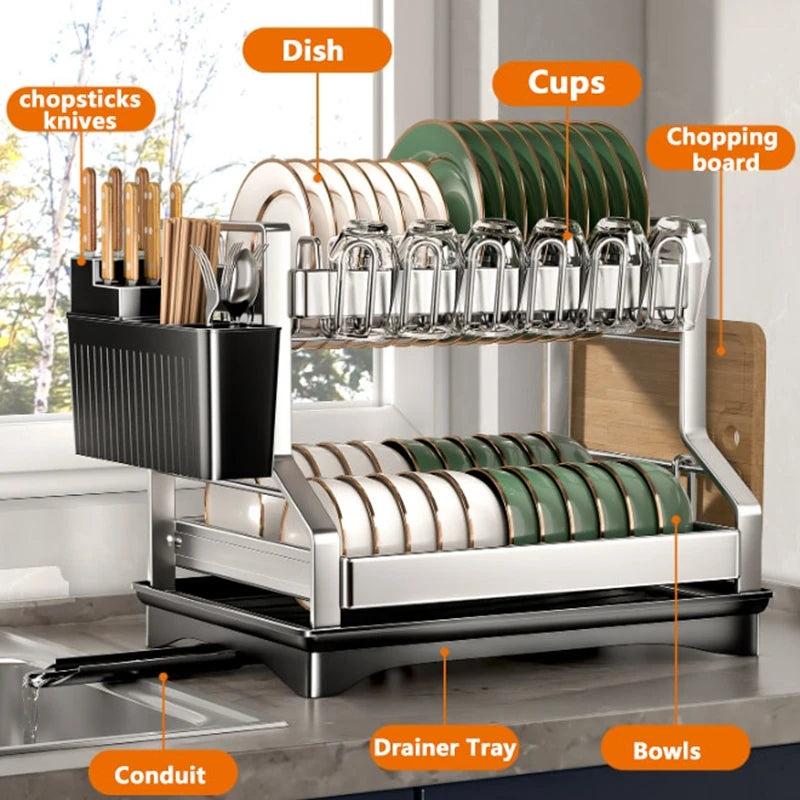 Kitchen Organizer 2 Tier Dish Drying Rack Utensils Storage Rack Bowls Knife Fork Pot Holder Countertop Dinnerware Drainboard