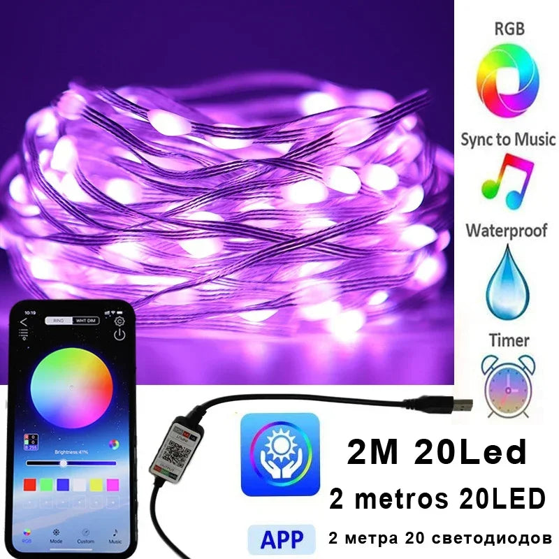 Christmas Tree LED Fairy Lights Smart Bluetooth Garland Festoon LED Chain Light Outdoor Waterproof New Year Decoration 2025