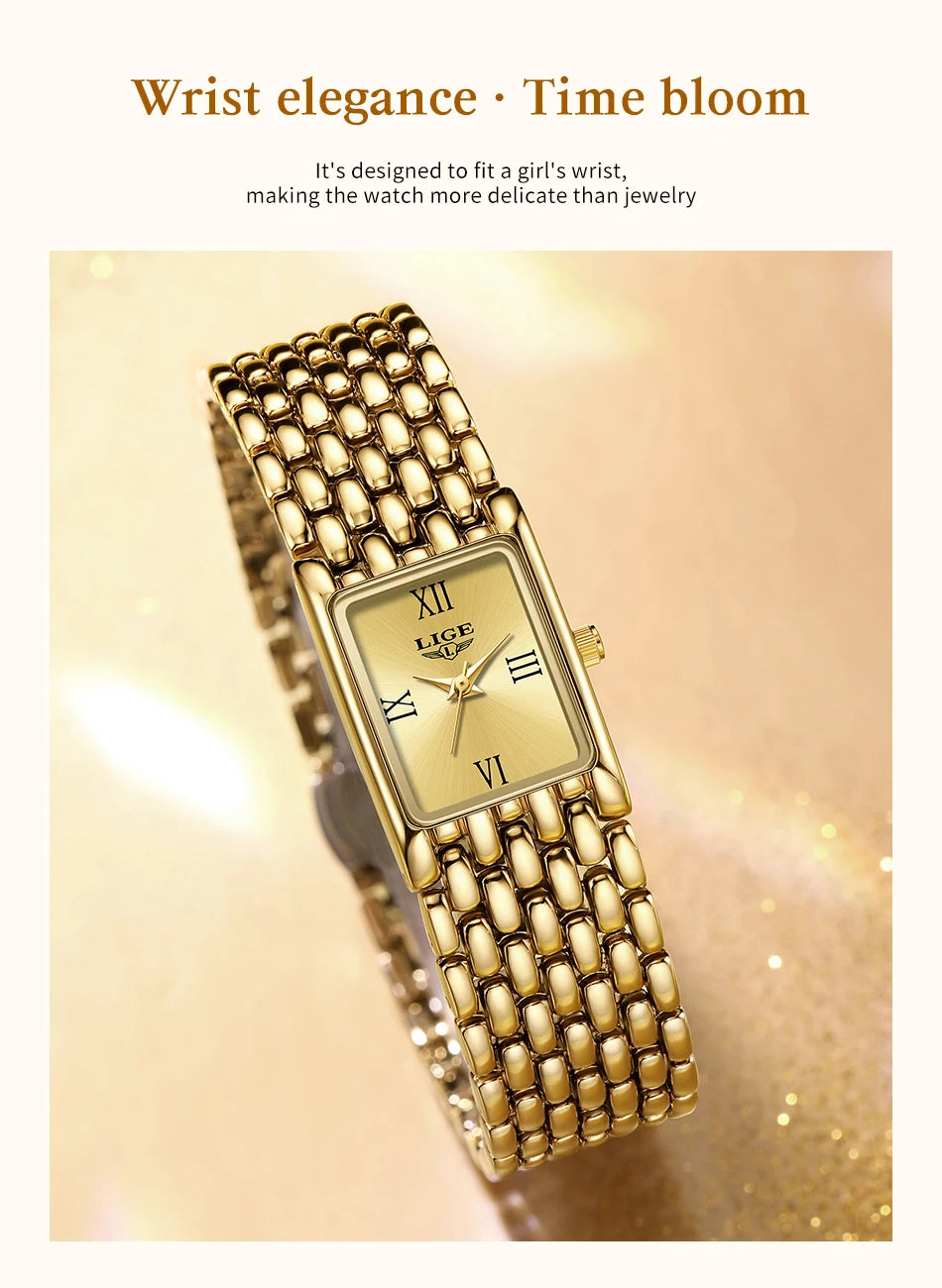 LIGE 2025 Fashion New Gold Women's Watch Luxury Quartz Watch Stainless Steel Bracelet Retro 30M Waterproof Watches Women reloj