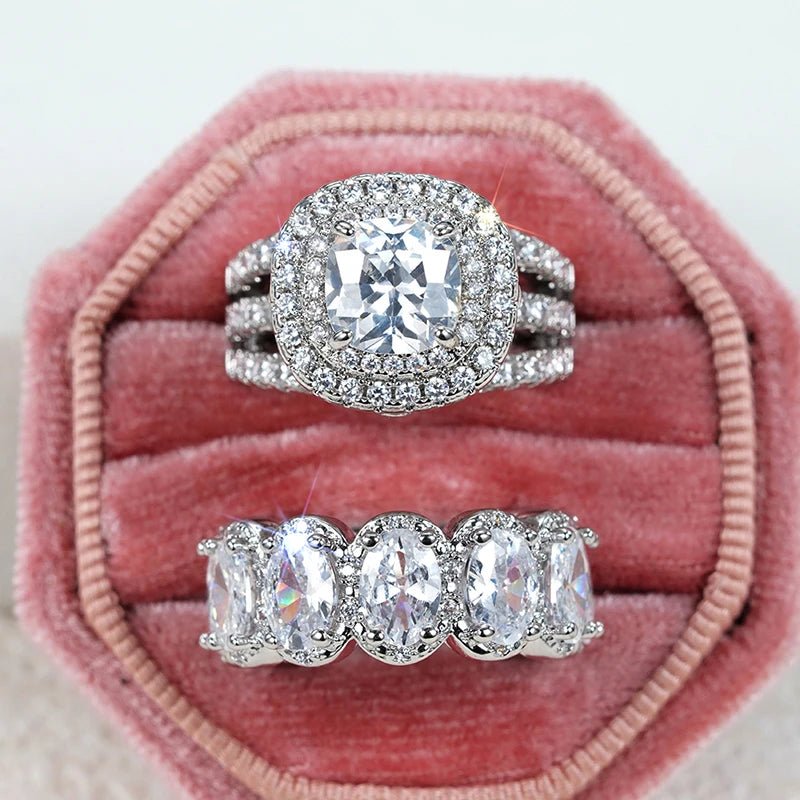 Huitan New Trendy Set Rings for Women Pink/White/Green/Black Cubic Zirconia Rings Gorgeous Wedding Accessories Eternity Jewelry