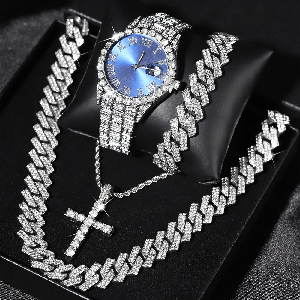 Quartz Watch Set Gift Box Cuban Necklace Bracelet Cross Classic Full Diamond Watch Shining Luxury Gift giving Festival Chain Hip