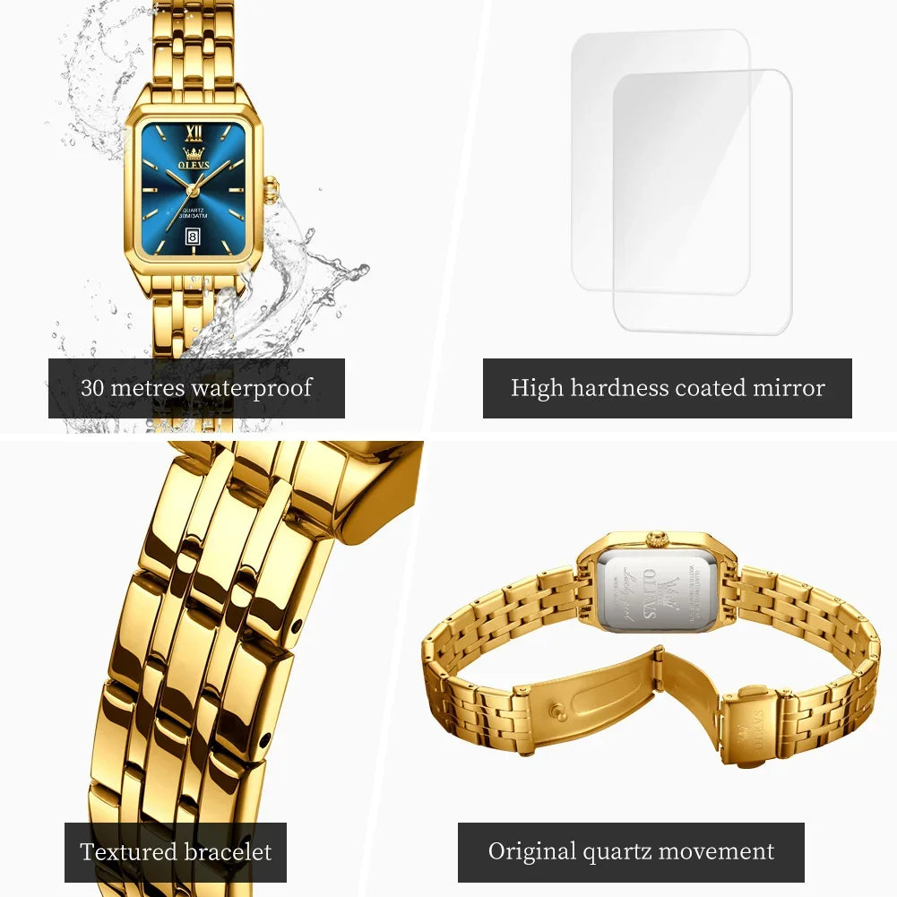 OLEVS Quartz Women's Watches Stainless Steel Square Small Gold Watch for Women Waterproof Auto Date Elegant Ladies Wristwatches