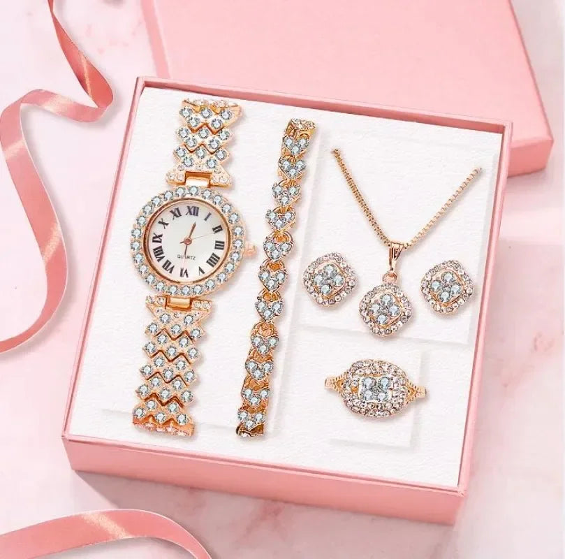 Fashion Luxury Full Crystal 5 Pcs Watch  Necklace Earrings  Ring  Set for Women Rhinestone  Wristwatch Female Bracelet Set Gift