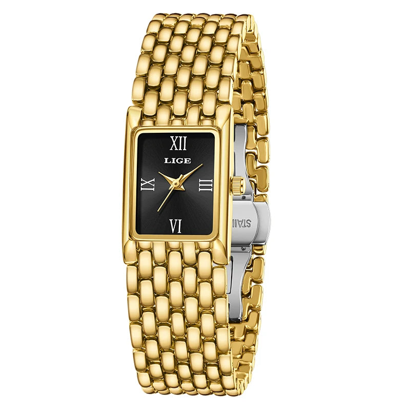 LIGE 2025 Fashion New Gold Women's Watch Luxury Quartz Watch Stainless Steel Bracelet Retro 30M Waterproof Watches Women reloj