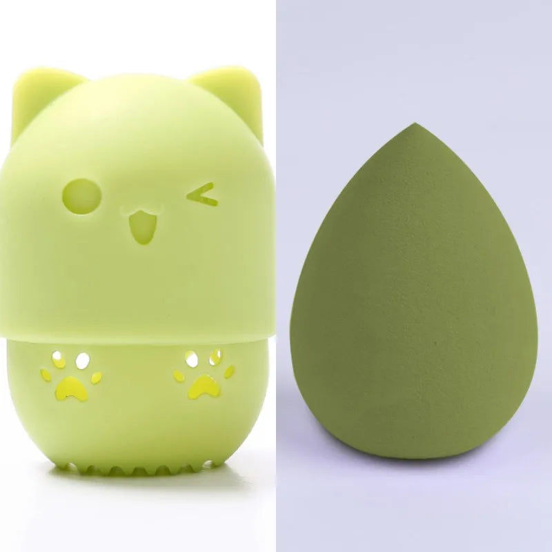 Pink Cute Cat Soft Silicone Cosmetic Sponge Box Holder with Beauty Eggs Portable Powder Puffs Holder Sponge Make Up Drying Cases