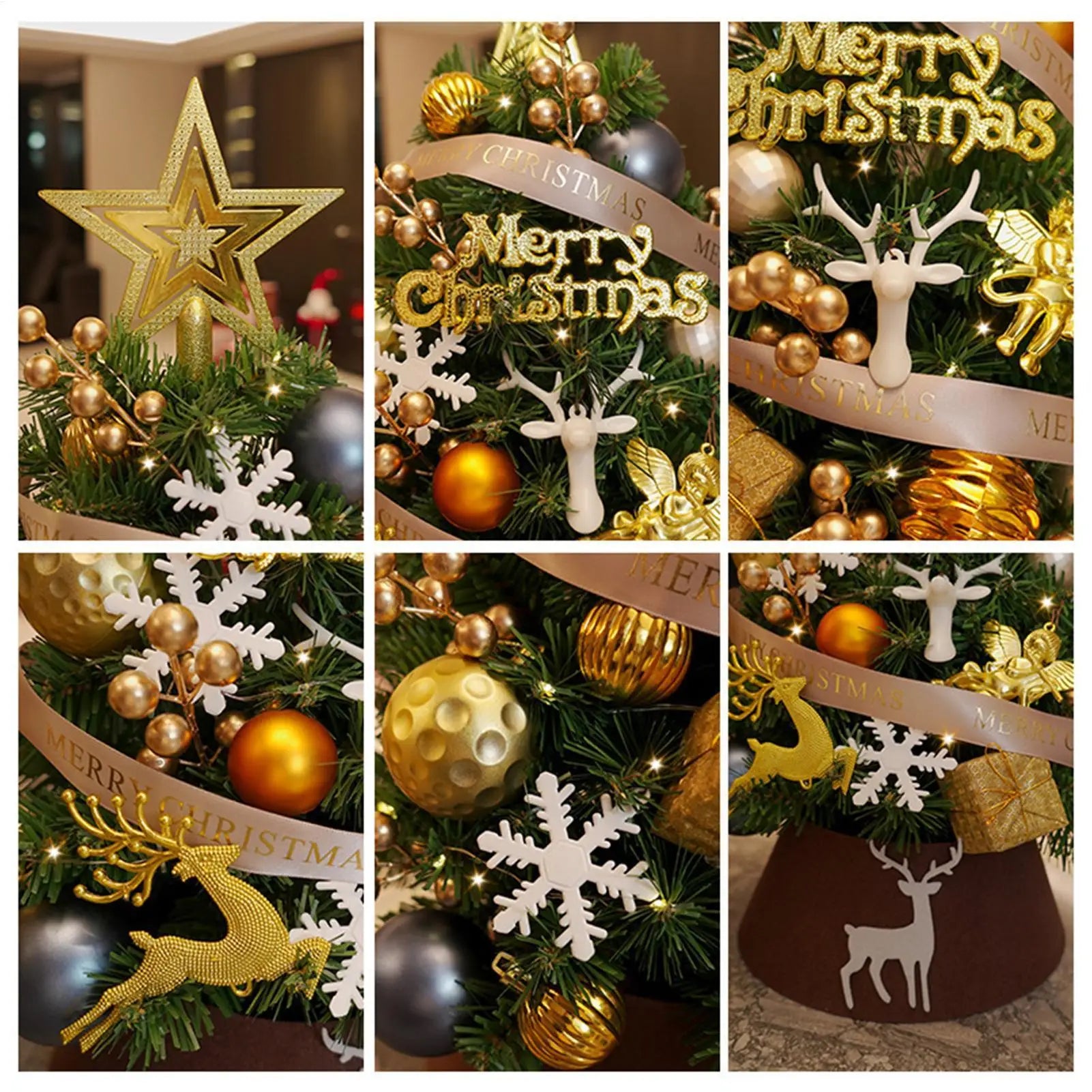 Desktop Mini Christmas Tree Golden Red Ball Flocking Tree With Led Lights Home Ornaments Christmas Decorations Holiday Festive