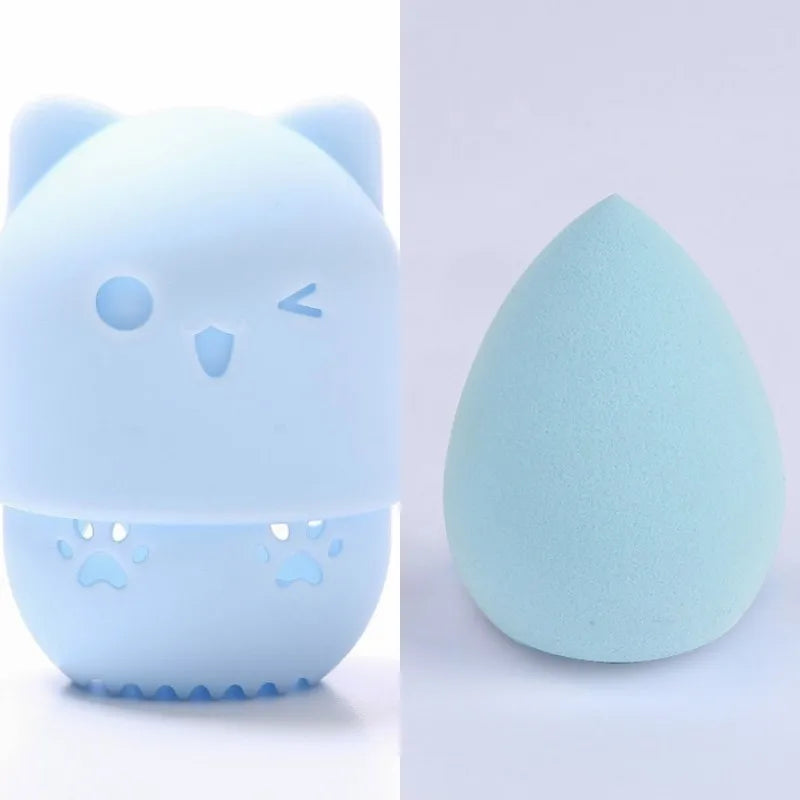 Pink Cute Cat Soft Silicone Cosmetic Sponge Box Holder with Beauty Eggs Portable Powder Puffs Holder Sponge Make Up Drying Cases