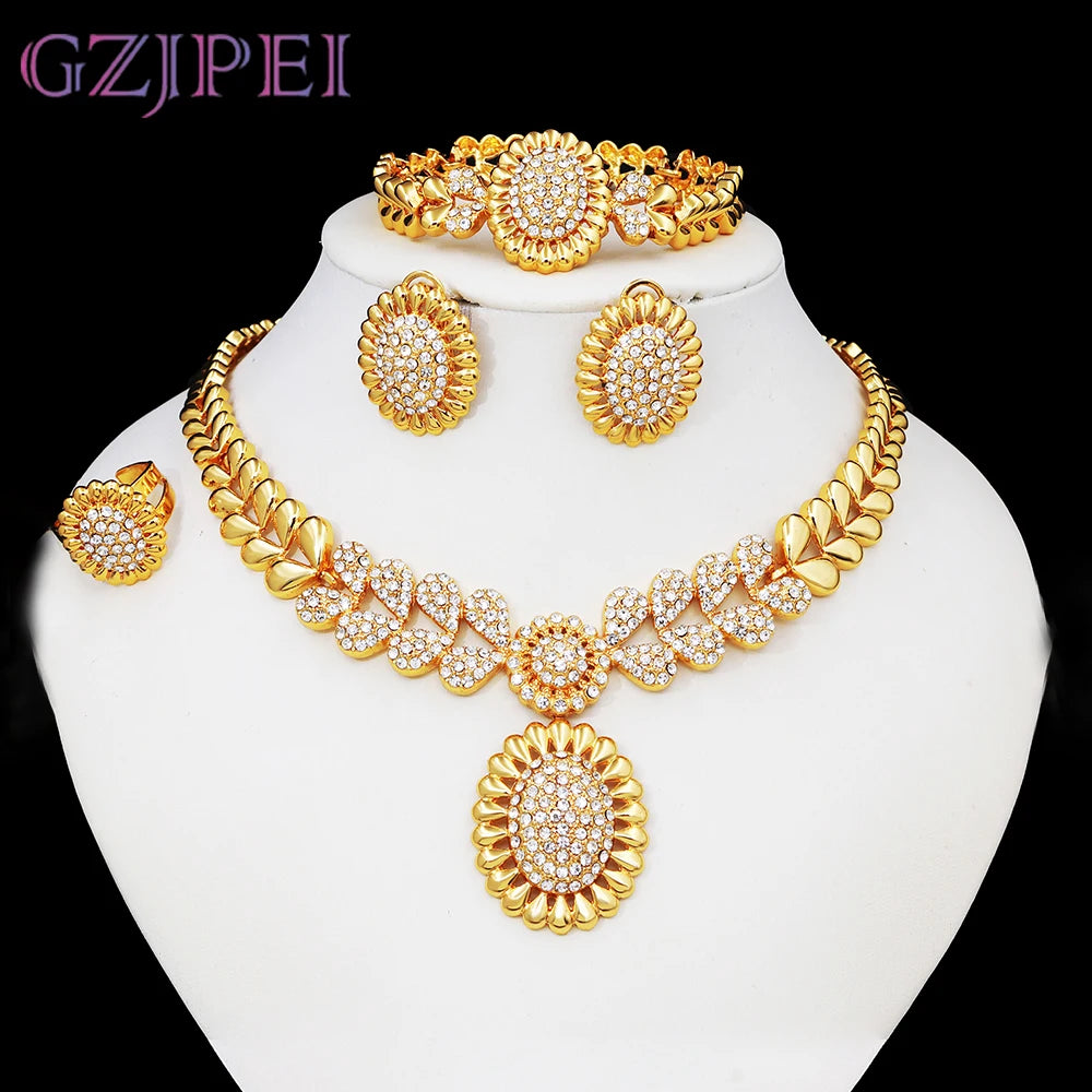 Women Necklaces Earrings Ring Bracelet 4Pcs Jewelry Set Classic Design Dubai Nigeria Jewelry 22K Gold Plated Trending