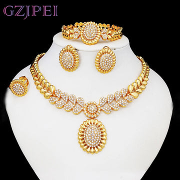Women Necklaces Earrings Ring Bracelet 4Pcs Jewelry Set Classic Design Dubai Nigeria Jewelry 22K Gold Plated Trending