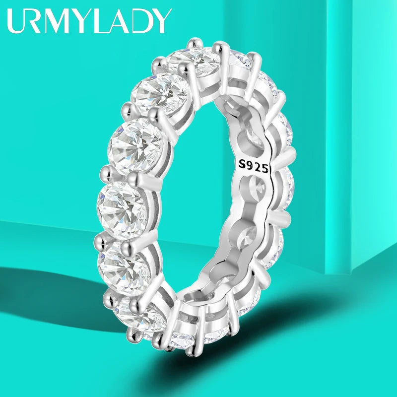 URMYLADY 5mm Full Moissanite Ring for Women Sparkling Wedding Eternity Bands 100% S925 Sterling Silver Jewelry Classic Ring GRA