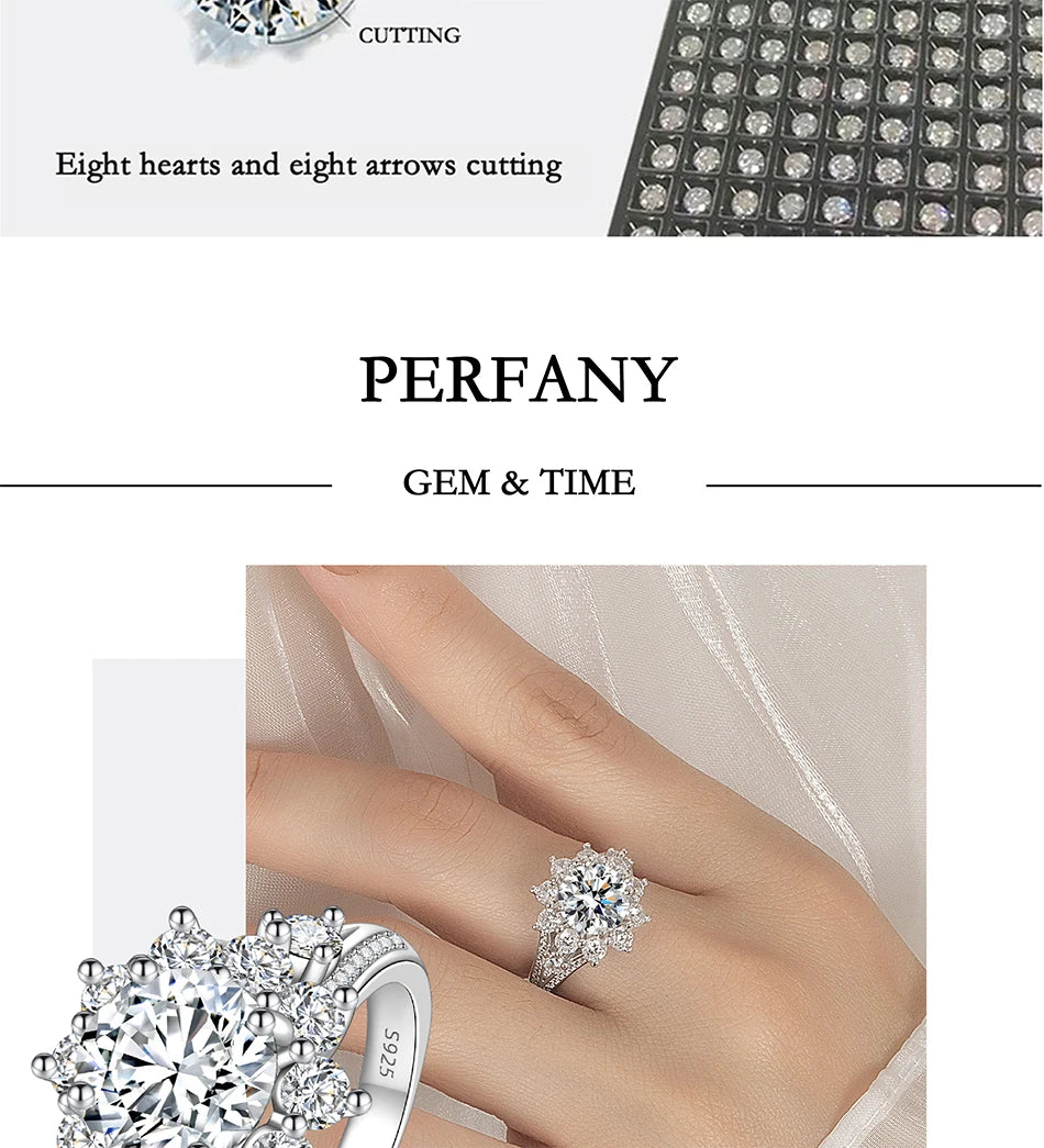 PERFANY 3CT Sunflower Moissanite Ring for Women S925 Pure Silver Plated 18K White Gold Diamond Luxury Wedding Jewelry