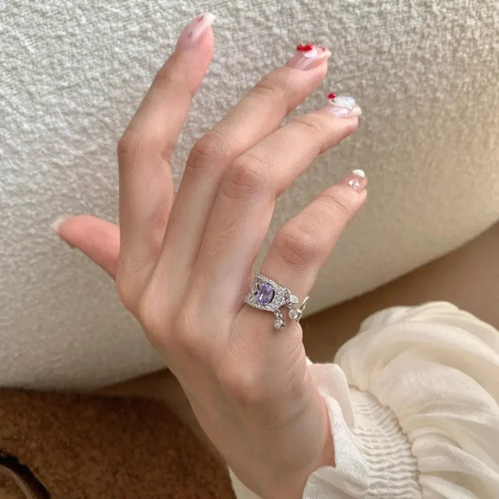 Light luxury exquisite silver 925 diamond amethyst rings for women unique fashion retro tassel purple tail ring wedding jewelry