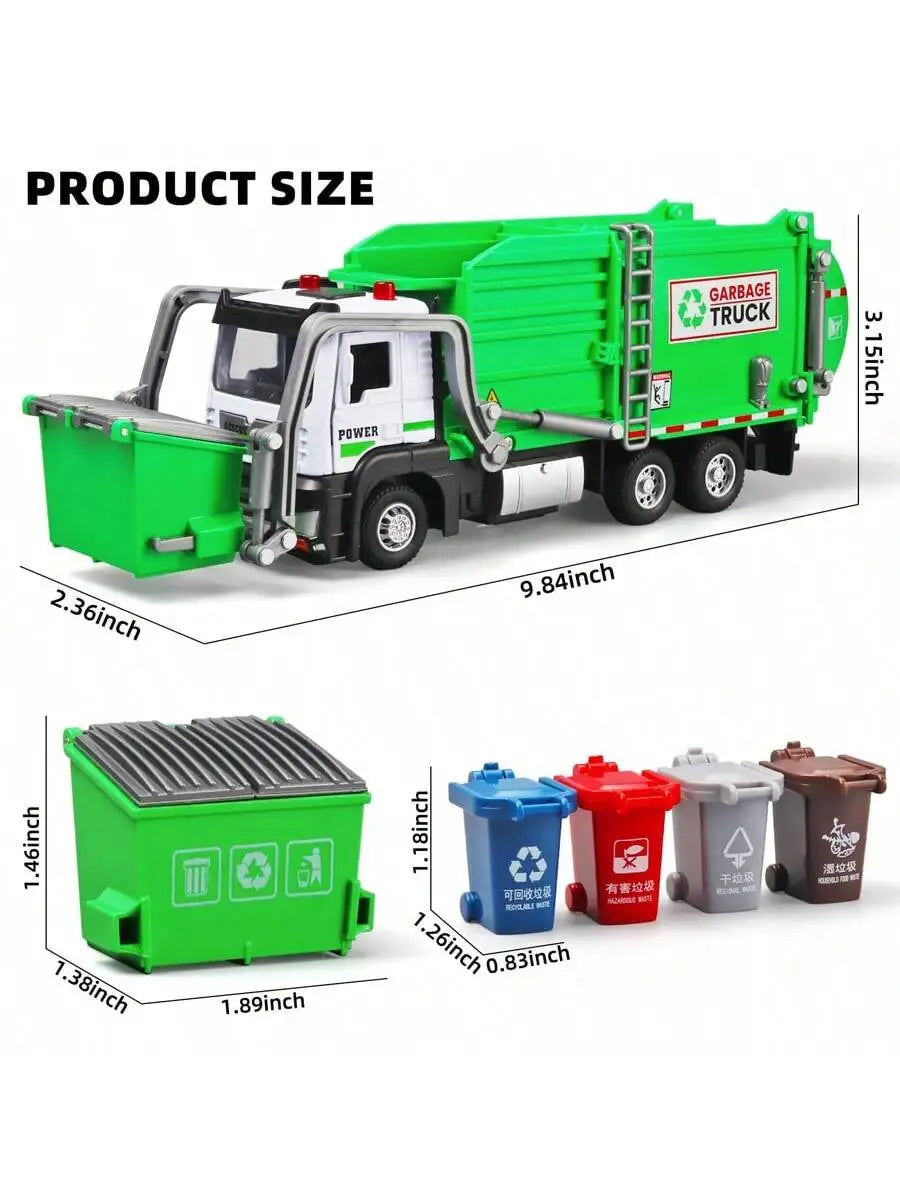Realistic Garbage Truck Toy Set with Trash Can & STEM Learning Cards | 6+ Years Interactive Pull-Back Vehicle for Boys & Girls,