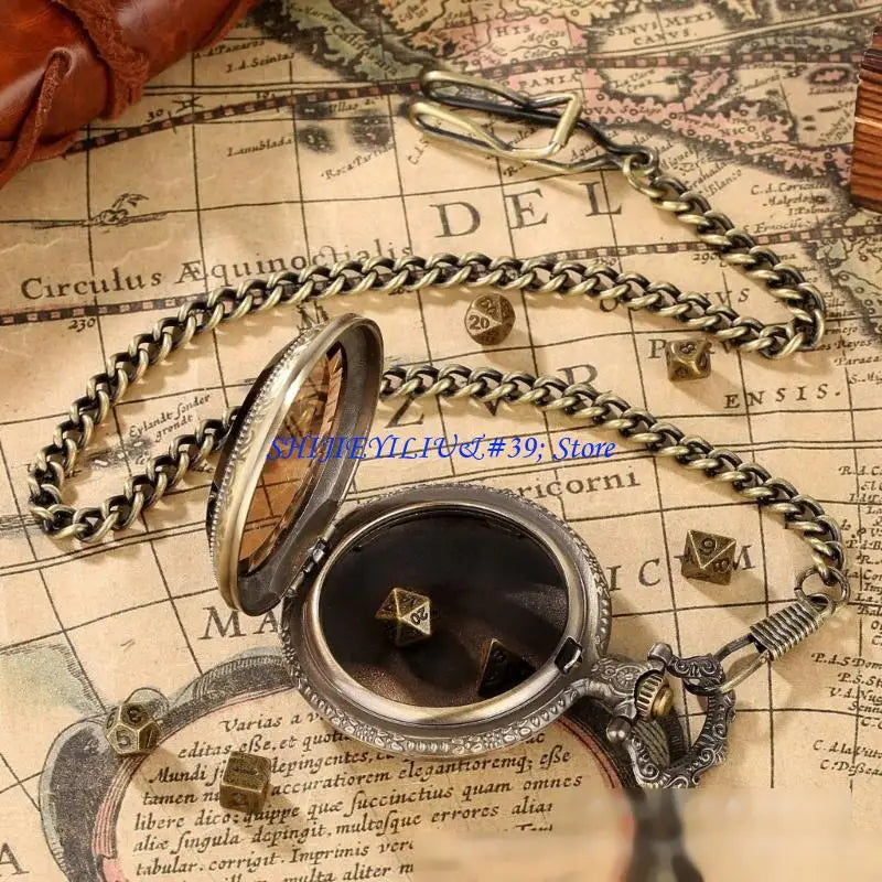 E21F Fashion Pocket Watch Case with 7pcs/set Metal Polyhedral Dices Pendant Chain