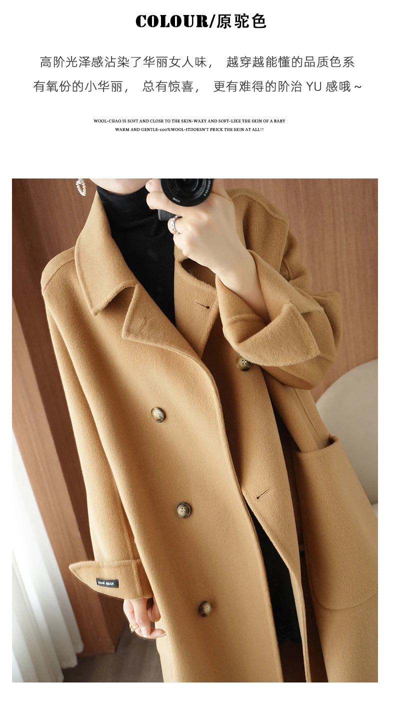 Ladies' 100% cashmere thick double-sided extended coat, classic, versatile and fashionable for business and leisure