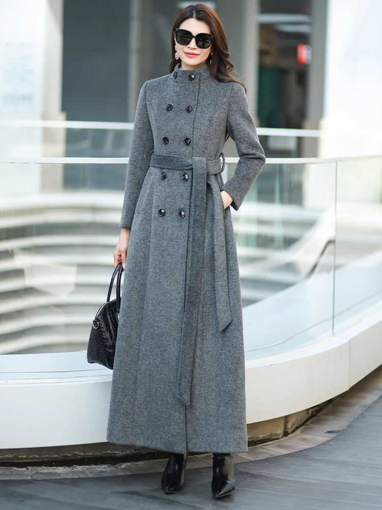 Gray Stand Collar Thickened Woolen Coat Winter Fashion Slimming Long Outerwear for Daily Wear Warm And Stylish New Arrival