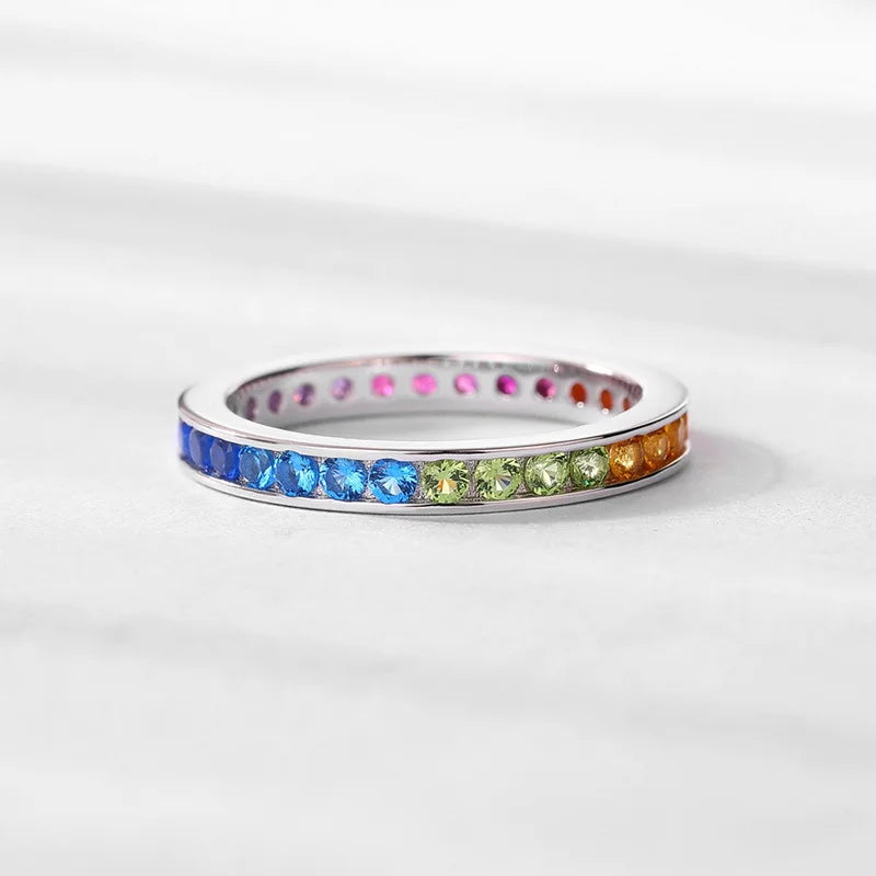 ALLNOEL Rainbow Band Ring for Woman Pure 925 Sterling Sliver 5A Zircon Eternity Fine Jewelry Colorful Engagement Birthday Gifts