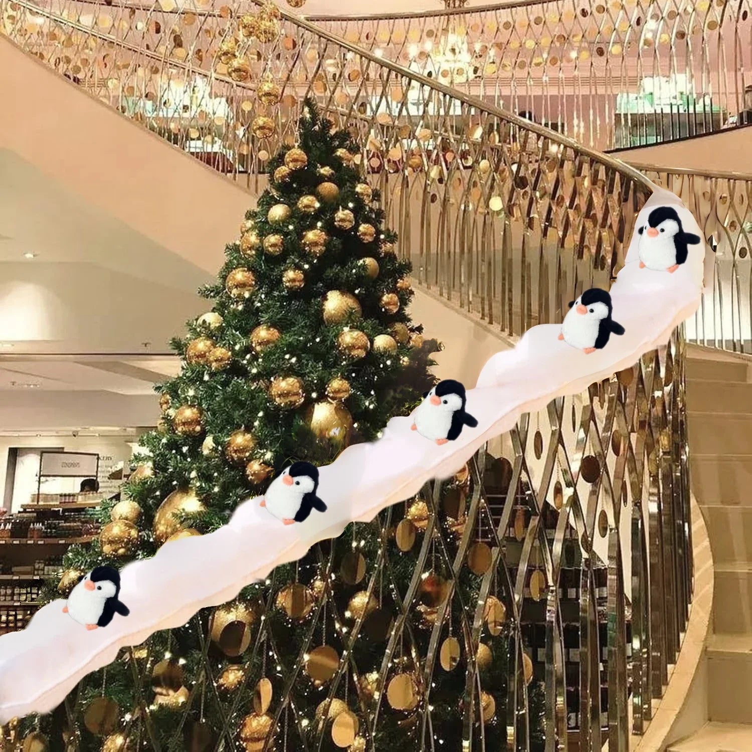 1set Christmas Stair Decoration Fake Snow Cotton Carpet with Sliding Penguins DIY Staircase Decors for Indoor Xmas Tree Banister