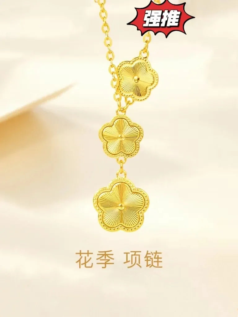 Delicacy 9999 24K Solid Gold Seasonal Necklace with Matching Bracelet and Stud Earrings Set for Women