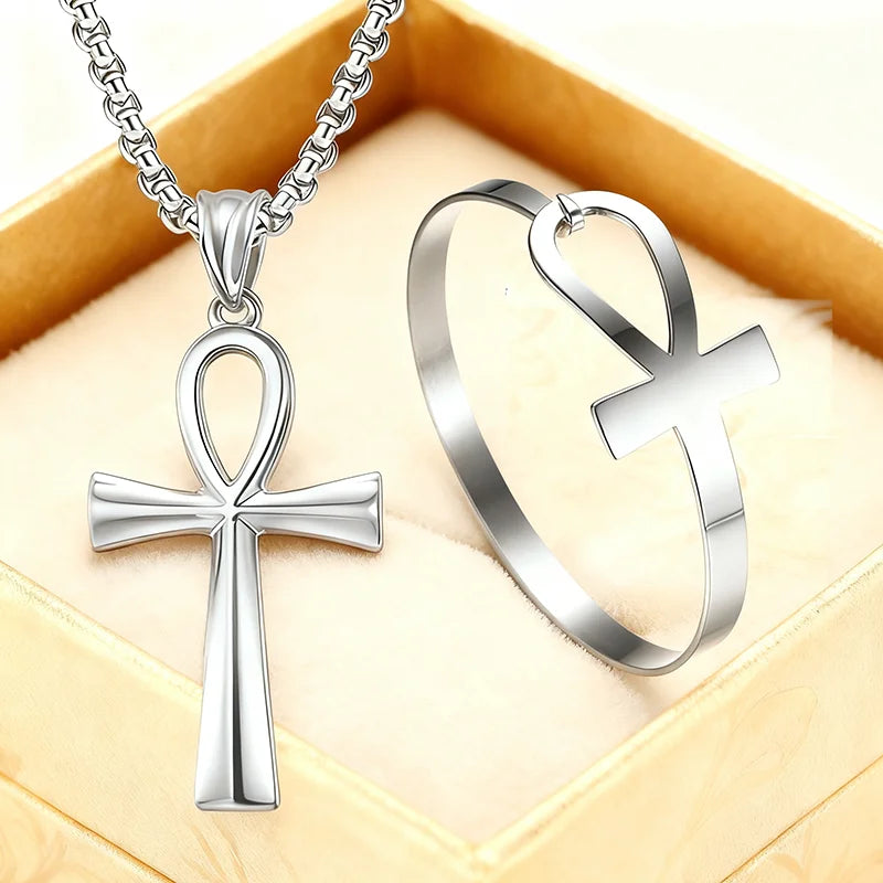 Ankh Cross Necklace & Bracelet Set in Steel
