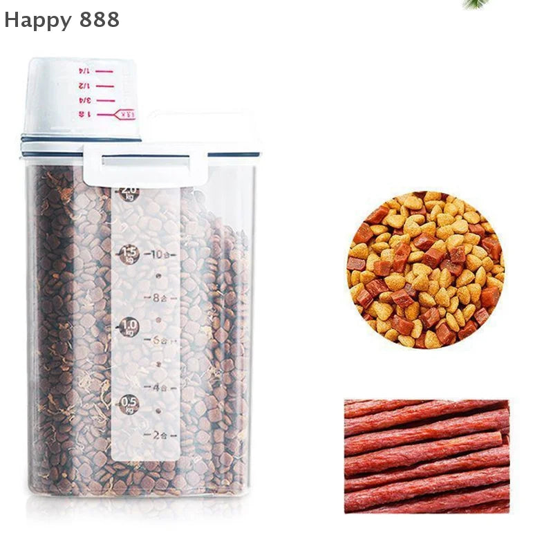 1.5kg/2kg Plastic Pet Food Storage Container With Measuring Cup, Moisture-Proof & Sealed Jar For Dogs And Cats