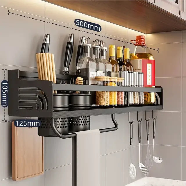 Stainless Steel Kitchen Wall Rack with Hooks & Shelf