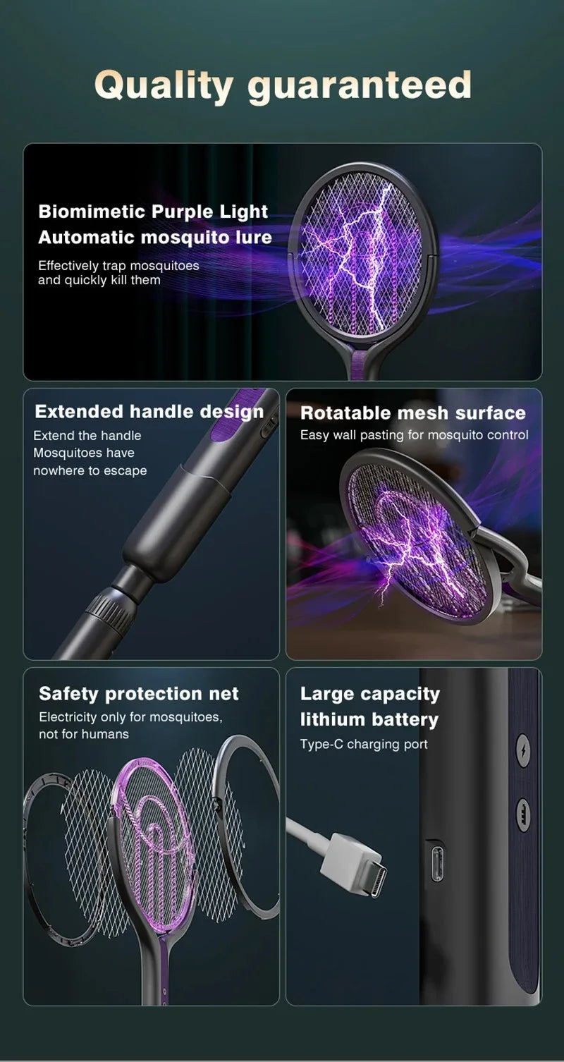 Intelligent Rechargeable Mosquito Swatter 2800V Electric Racket Extension Handle 5-Layer Protection