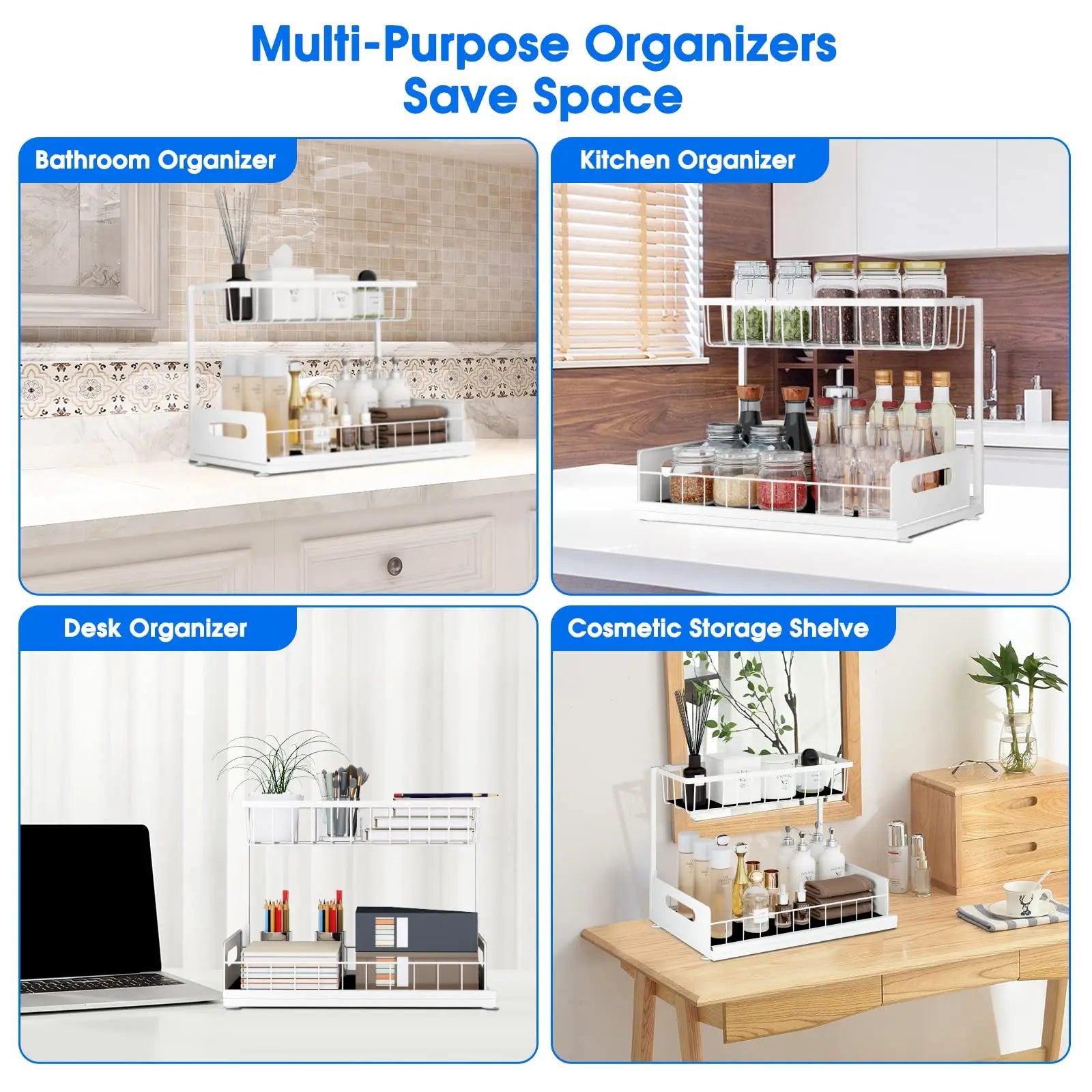 Under Sink 2 Tier Sliding Cabinet Basket Organizer Drawer Pull Out Cabinet Multi-Purpose  Sink Organizer for Bathroom Kitchen