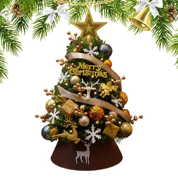 Desktop Mini Christmas Tree Golden Red Ball Flocking Tree With Led Lights Home Ornaments Christmas Decorations Holiday Festive
