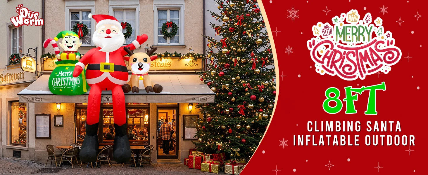 OurWarm 8FT Christmas Inflatable Outdoor Decorations,Sitting Santa Claus with Elves & Reindeer,for Holiday Party Garden Yard