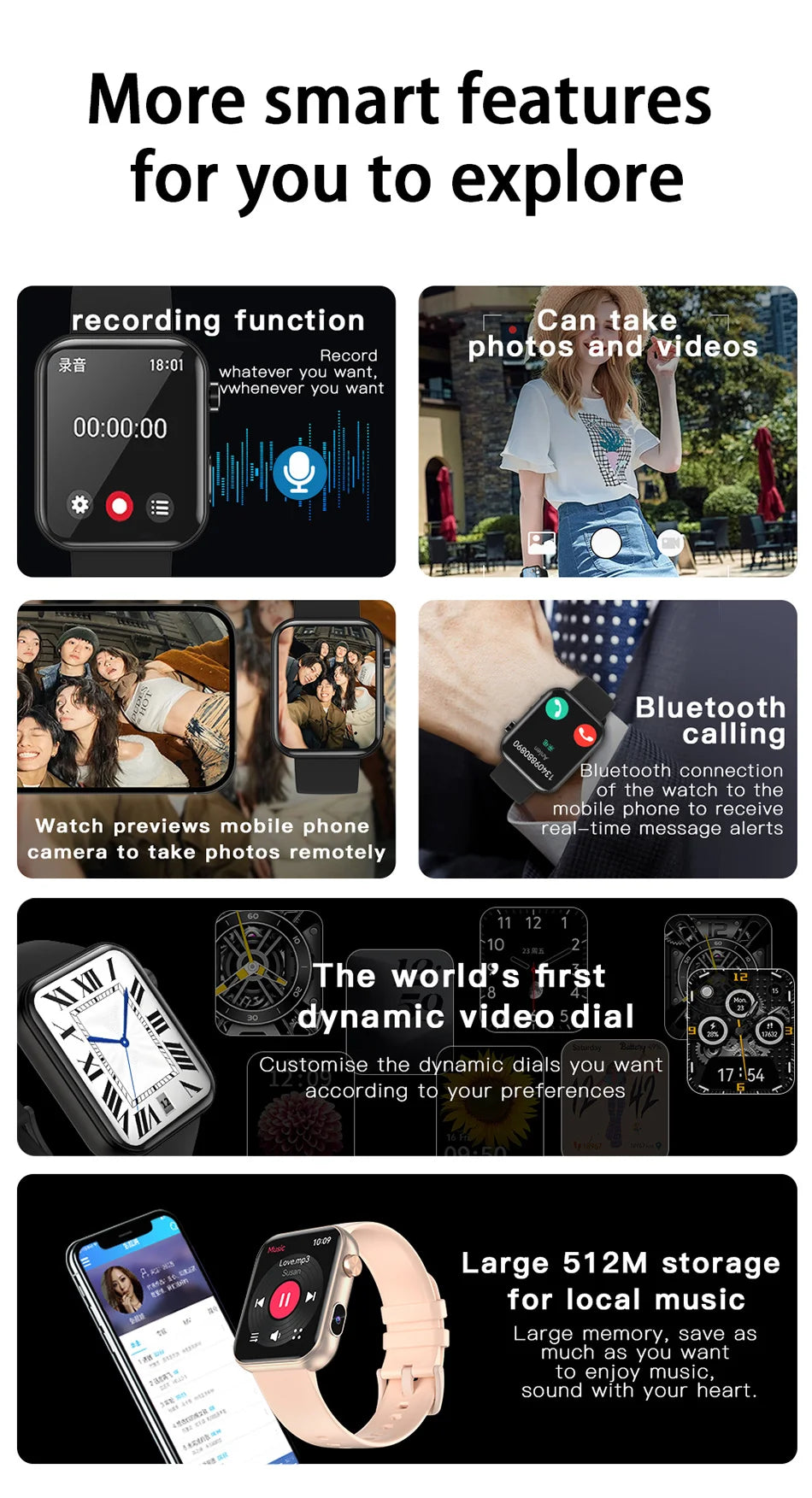 Camera Smart Watch with Video, BT Call & Health