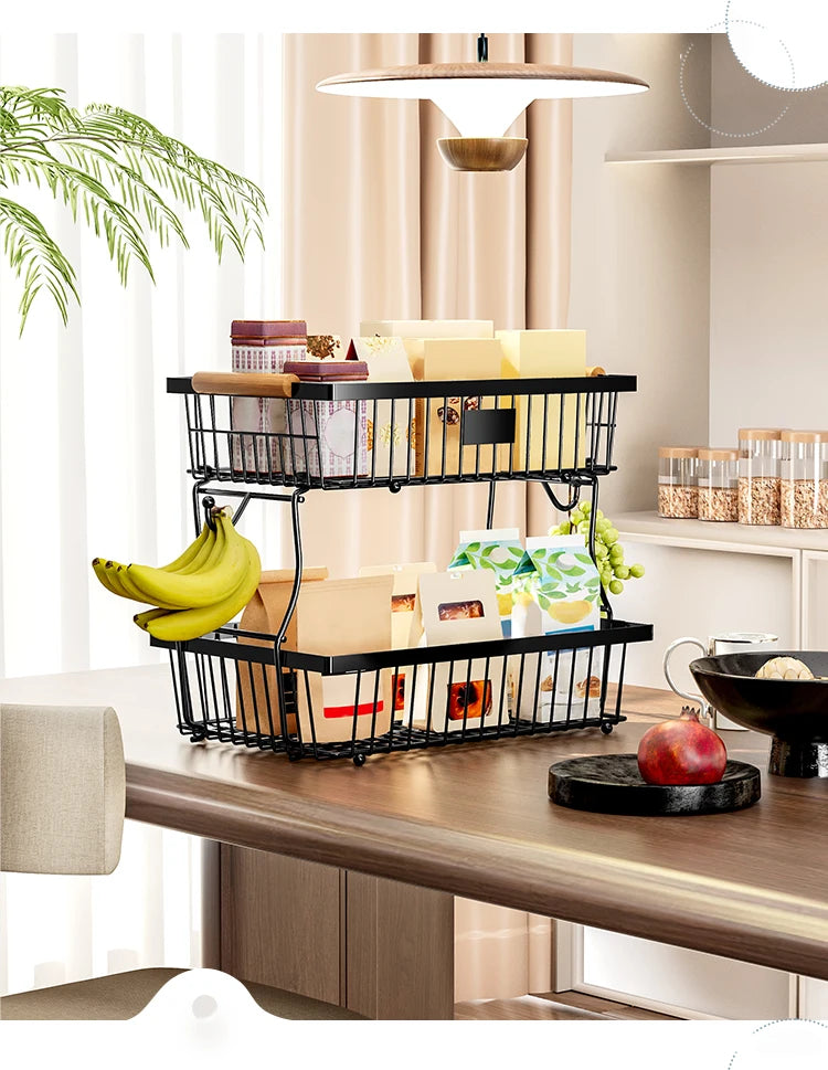 fruit basket vegetable basket,Metal storage basket with hook and wooden handle,Stackable and removable kitchen storage rack